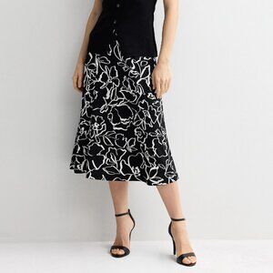 Nine West Knit Flowy Midi Skirt, NWT Black and White Floral Design